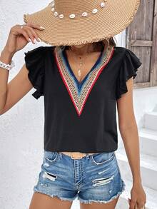 SHEIN EZwear Contrast Guipure Lace Butterfly Sleeve Tee - Black - View 6