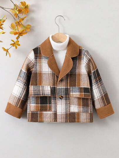 男小童1入組格紋印花西裝領翻蓋細節外套