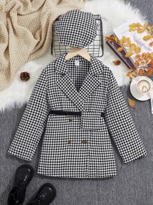 SHEIN Tween Girl Houndstooth Print Double Breasted Overcoat With Bag & Hat - Black and White - View 1