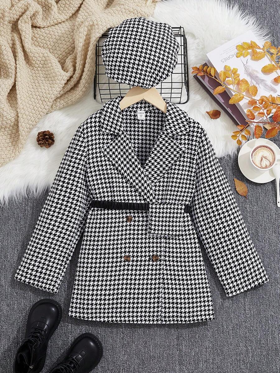 SHEIN Tween Girl Houndstooth Print Double Breasted Overcoat With Bag & Hat - Black and White - View 1