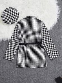 SHEIN Tween Girl Houndstooth Print Double Breasted Overcoat With Bag & Hat - Black and White - View 2