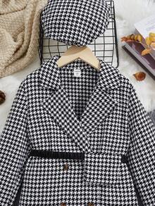 SHEIN Tween Girl Houndstooth Print Double Breasted Overcoat With Bag & Hat - Black and White - View 3