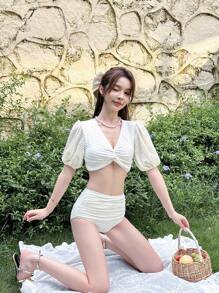 Solid Twist Front Tankini - Apricot - View 4