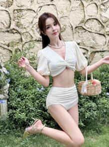 Solid Twist Front Tankini - Apricot - View 6