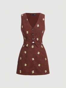 SHEIN MOD 印花夾克背心&半身裙 - 咖啡棕 - 查看 1