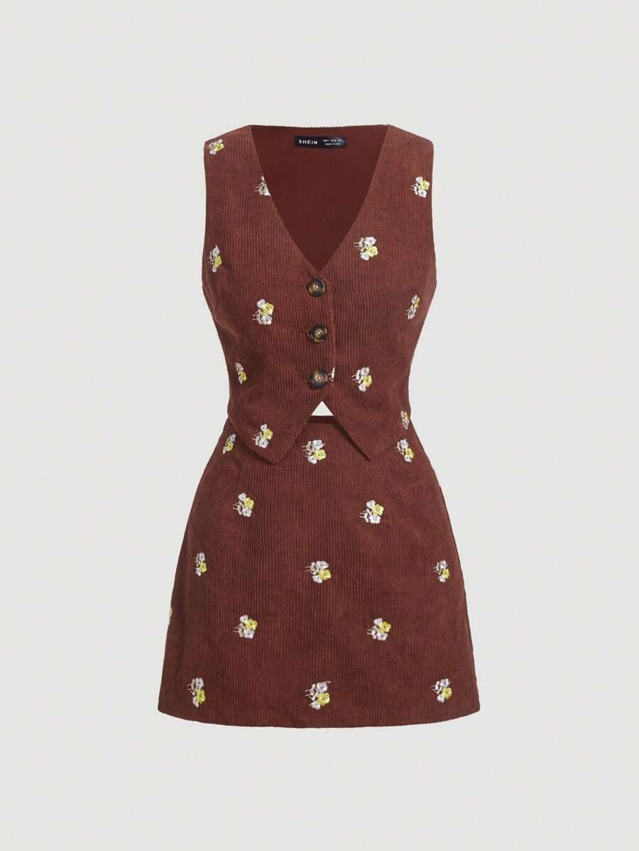 SHEIN MOD 印花夾克背心&半身裙 - 咖啡棕 - 查看 1