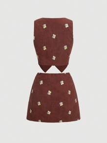 SHEIN MOD 印花夾克背心&半身裙 - 咖啡棕 - 查看 2