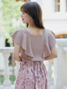 DAZY Solid Ruffle Trim Ribbed Knit Top - Apricot - View 2