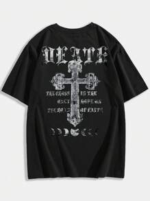 ROMWE MEN Street Life Camiseta gráfica con diseño de cruz para hombres, para Halloween, escuela - Negro - Ver 1