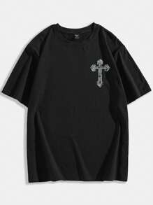 ROMWE MEN Street Life Camiseta gráfica con diseño de cruz para hombres, para Halloween, escuela - Negro - Ver 2