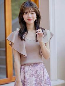 DAZY Solid Ruffle Trim Ribbed Knit Top - Apricot - View 5