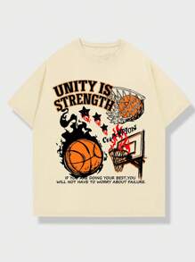 ROMWE MEN Street Life Nam Slogan & In hoa bóng rổ Áo thun - Màu Khaki - Xem 1