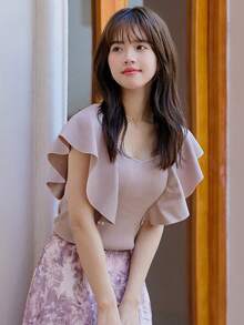 DAZY Solid Ruffle Trim Ribbed Knit Top - Apricot - View 7