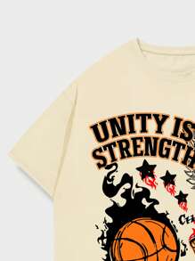 ROMWE MEN Street Life Nam Slogan & In hoa bóng rổ Áo thun - Màu Khaki - Xem 5