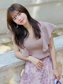DAZY Solid Ruffle Trim Ribbed Knit Top - Apricot - View 8