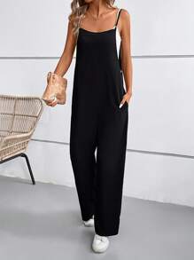 SHEIN LUNE 素色斜口袋背帶連身褲不附吊帶上衣 - 黑色 - 查看 1