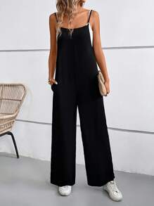 SHEIN LUNE 素色斜口袋背帶連身褲不附吊帶上衣 - 黑色 - 查看 3