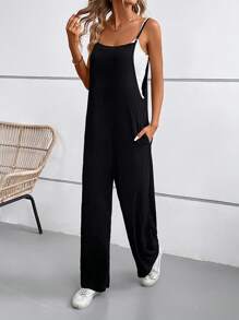 SHEIN LUNE 素色斜口袋背帶連身褲不附吊帶上衣 - 黑色 - 查看 4