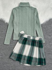 SHEIN 女大童高領T恤&格紋印花不對稱下擺半身裙 - 彩色 - 查看 2