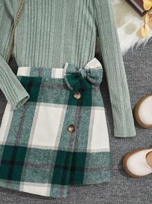 SHEIN 女大童高領T恤&格紋印花不對稱下擺半身裙 - 彩色 - 查看 4