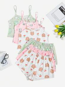 3組櫻桃&卡通圖案吊帶背心和短褲睡衣套裝 - 白色 - 查看 1