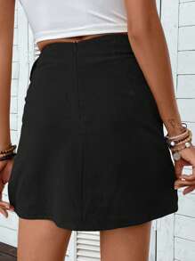 SHEIN VCAY 素色側打結圍裹下擺半身裙 - 黑色 - 查看 2