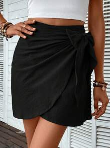 SHEIN VCAY 素色側打結圍裹下擺半身裙 - 黑色 - 查看 4