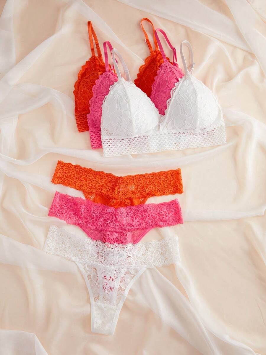 3packs Floral Lace Bra & Panty Lingerie Set