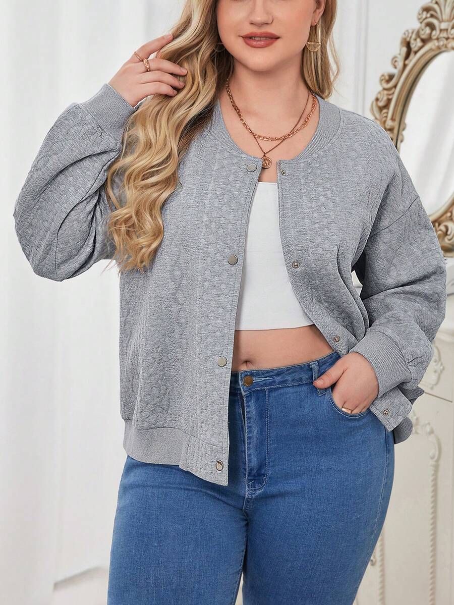 SHEIN Essnce 大碼落肩袖前紐扣夾克 - 灰色 - 查看 1