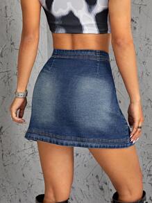 SHEIN ICON 漂白水洗鬱金香下擺牛仔半身裙 - 深色水洗藍 - 查看 2