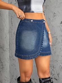 SHEIN ICON 漂白水洗鬱金香下擺牛仔半身裙 - 深色水洗藍 - 查看 5