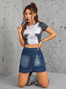 SHEIN ICON 漂白水洗鬱金香下擺牛仔半身裙 - 深色水洗藍 - 查看 7