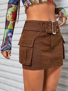 SHEIN ICON Flap Pocket Belted Denim Skirt - Brown - View 4