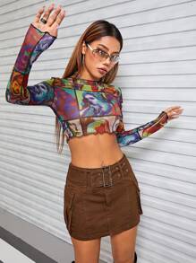 SHEIN ICON Flap Pocket Belted Denim Skirt - Brown - View 5