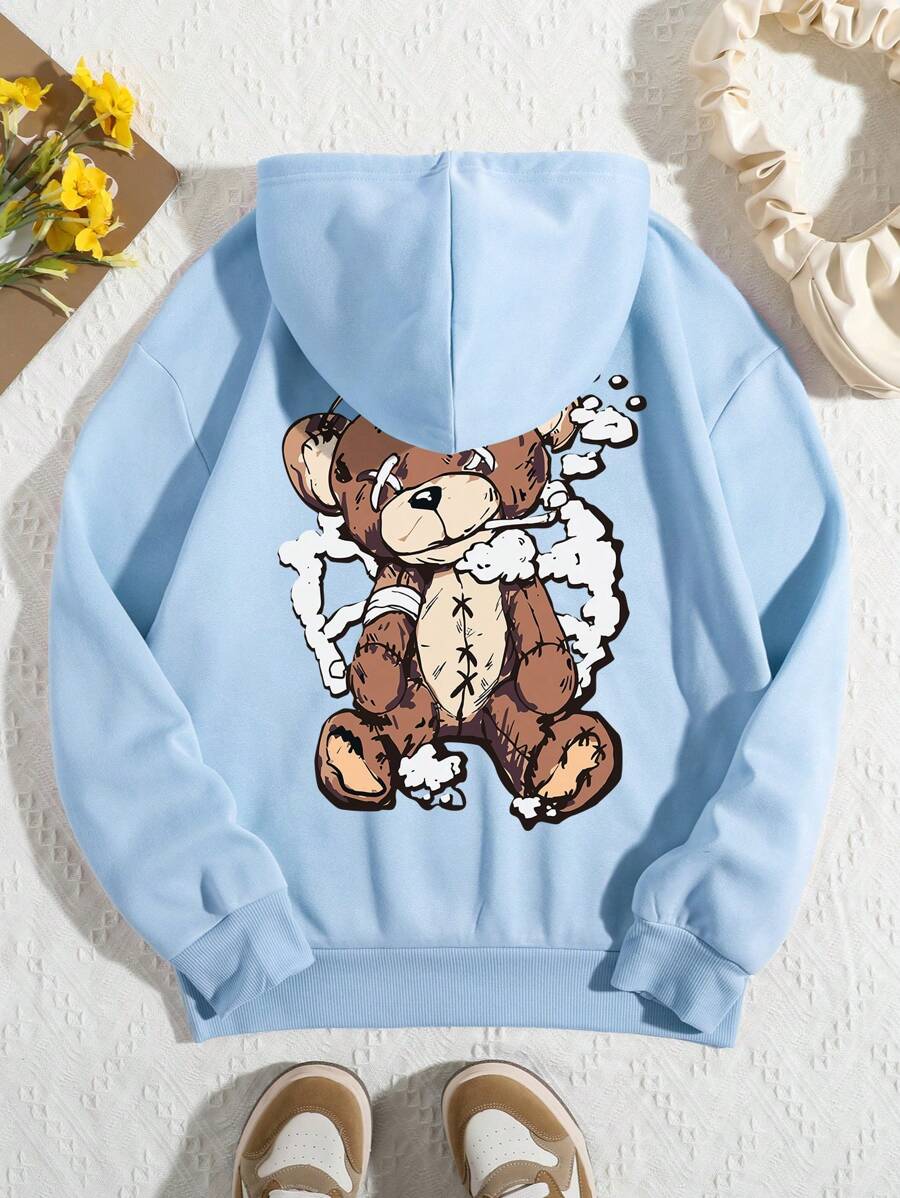 INAWLY 熊纹抽绳保暖连帽套头衫 秋季卫衣 - 淺藍色 - 查看 1