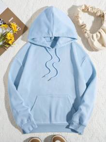 INAWLY 熊纹抽绳保暖连帽套头衫 秋季卫衣 - 淺藍色 - 查看 2