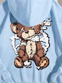 INAWLY 熊纹抽绳保暖连帽套头衫 秋季卫衣 - 淺藍色 - 查看 3