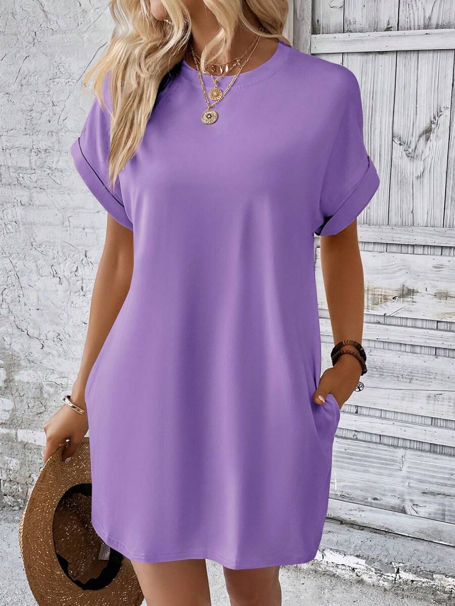 INAWLY Solid Hidden Pocket Batwing Sleeve Tee Dress