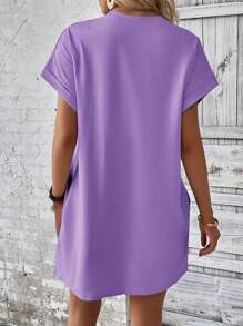 INAWLY Solid Hidden Pocket Batwing Sleeve Tee Dress