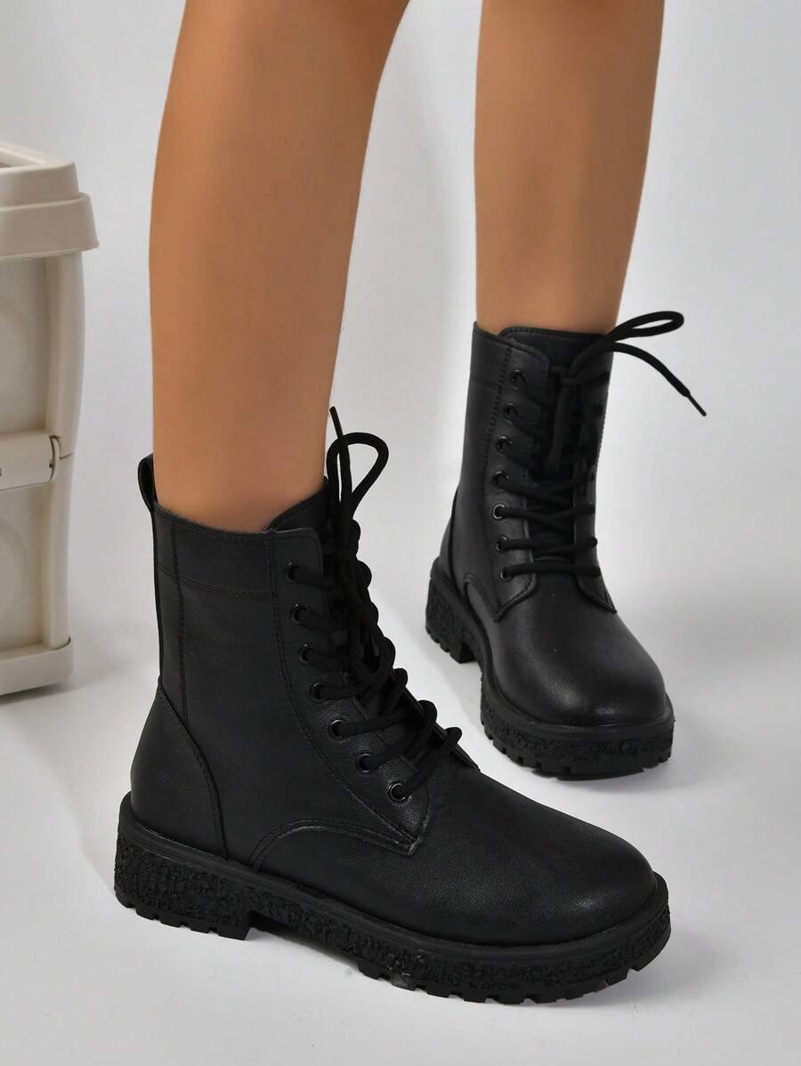 女士时尚靴子 黑色靴子 2024秋冬新款 百搭搭扣短靴 复古英伦风真皮中筒靴 派对靴 - 黑色 - 查看 1