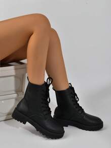 女士时尚靴子 黑色靴子 2024秋冬新款 百搭搭扣短靴 复古英伦风真皮中筒靴 派对靴 - 黑色 - 查看 3