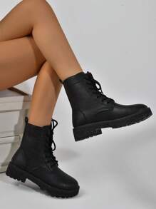 女士时尚靴子 黑色靴子 2024秋冬新款 百搭搭扣短靴 复古英伦风真皮中筒靴 派对靴 - 黑色 - 查看 4