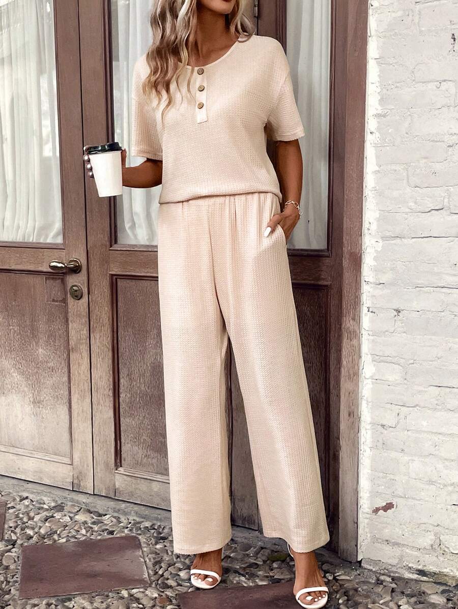 EMERY ROSE Half Button Drop Shoulder Tee & Trousers - Apricot - View 1