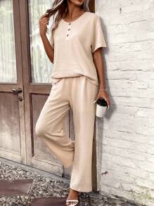 EMERY ROSE Half Button Drop Shoulder Tee & Trousers - Apricot - View 3