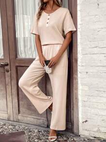 EMERY ROSE Half Button Drop Shoulder Tee & Trousers - Apricot - View 4