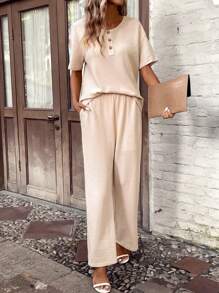 EMERY ROSE Half Button Drop Shoulder Tee & Trousers - Apricot - View 6