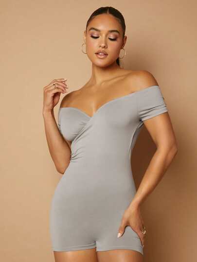 SHEIN BAE 一字肩彈力緊身連體短褲