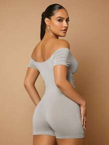 SHEIN BAE 一字肩彈力緊身連體短褲 - 淺灰色 - 查看 2