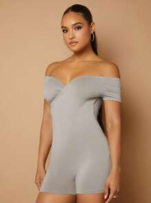 SHEIN BAE 一字肩彈力緊身連體短褲 - 淺灰色 - 查看 3