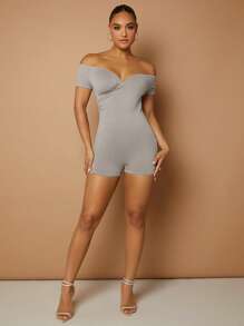 SHEIN BAE 一字肩彈力緊身連體短褲 - 淺灰色 - 查看 4